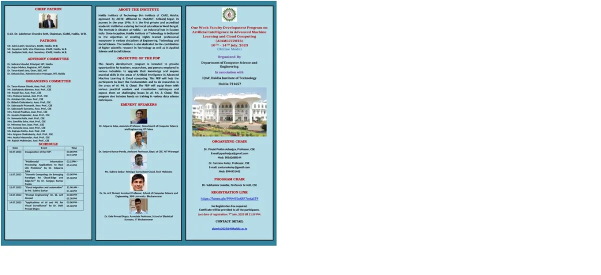 One Week Faculty Development Program on Artificial Intelligence in Advanced Machine  Learning and Cloud Computing (AIAMLCC 2023)