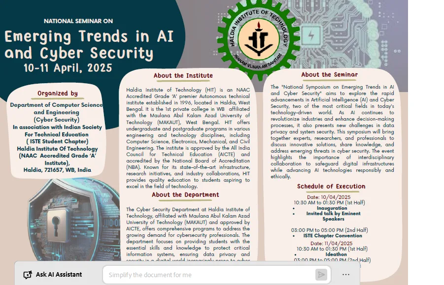 1st National Seminar on Emerging Trends in AI and Cyber Security